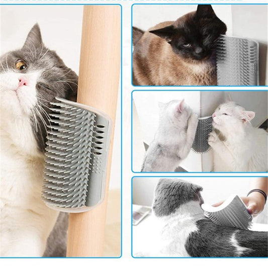 Corner cat scratcher with wall-corner self-grooming and rubbing design