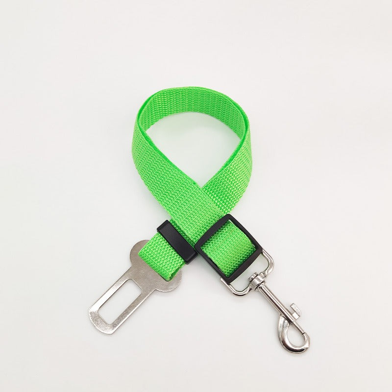 Pet seat belt restraint with adjustable length strap